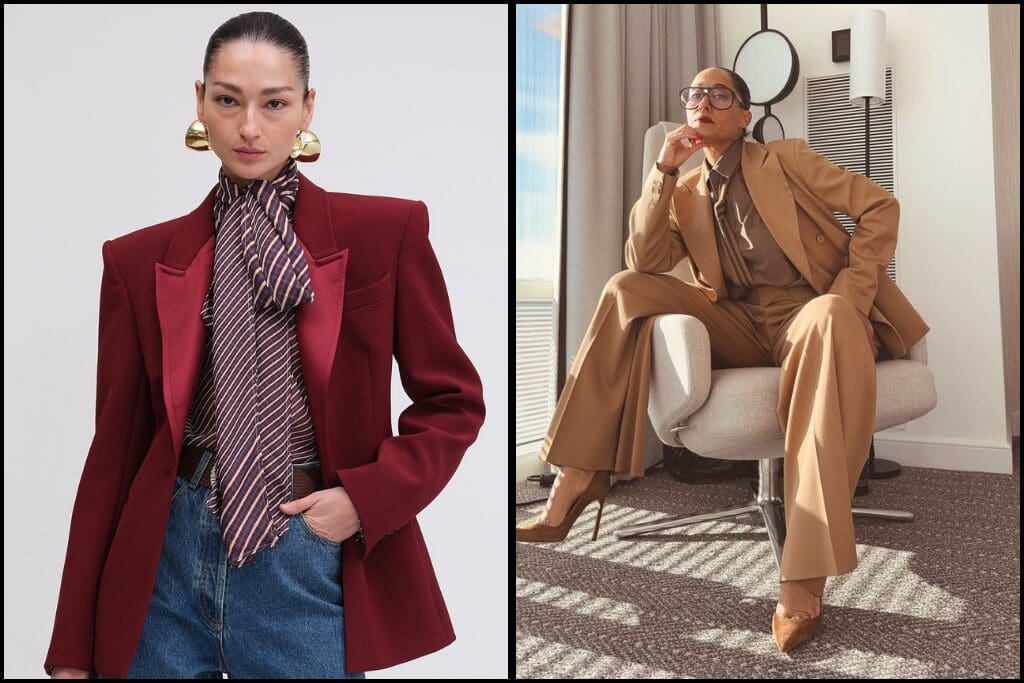 Side-by-side images of two women in bold, tailored corporate outfits — one in a deep burgundy blazer with statement earrings, the other in a monochrome camel suit — used to illustrate how unforgettable style creates a competitive edge in professional settings.