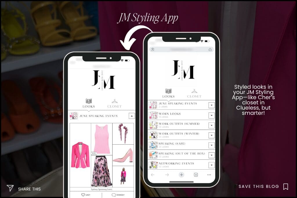 Screenshot of the JM Styling App displayed on two smartphones, showcasing curated outfit collections such as “Work Outfits” and “Speaking Events,” with a background of high-end designer heels. Visual representation of a virtual closet experience for professional women, designed by Jane Mow Image Consultant 