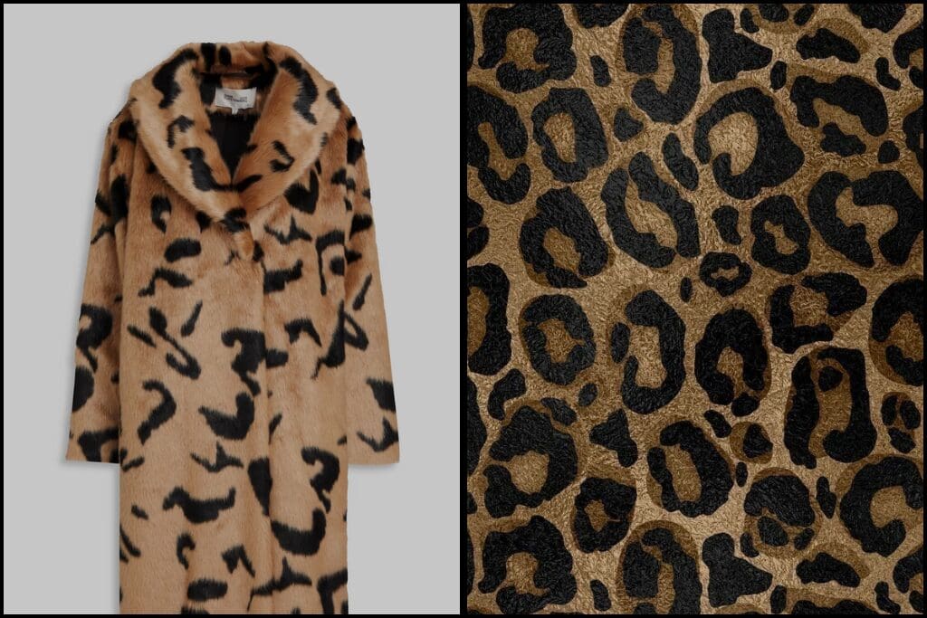 Leopard print fashion staple captured in two parts: a statement faux fur coat alongside a close-up of bold, textured leopard print fabric — highlighting how signature style pieces add instant personality and polish.