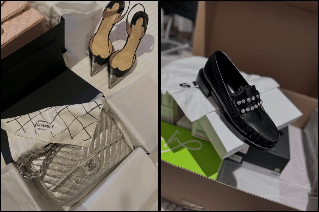 Flat lay of VIP client wardrobe delivery featuring luxury investment pieces, including a metallic Chanel handbag, designer heels, and embellished black loafers — showcasing the curated experience offered by virtual image consultant Jane Mow.