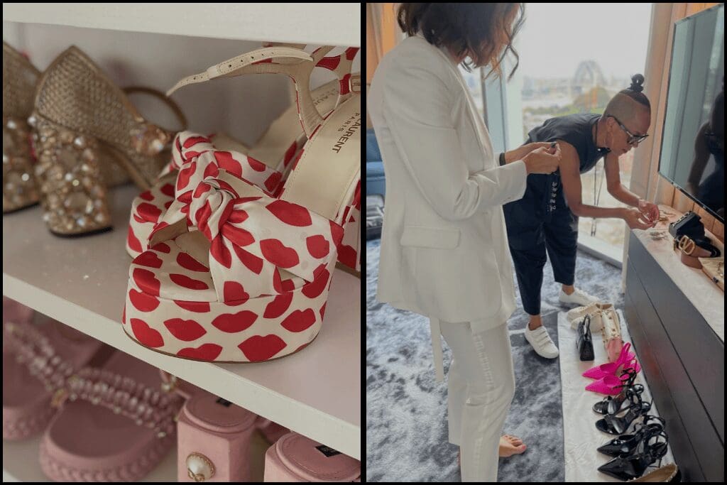 A display of bold, high-fashion heels including heart-printed platforms and embellished stilettos, paired with a behind-the-scenes moment of stylist Jane Mow working closely with a VIP client during a personal styling session, curating a powerful brand-aligned wardrobe.